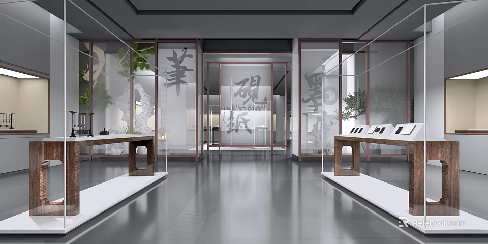 Modern Exhibition Hall Interior With Glass Partitions Display Tables And Calligraphy Decorations 3d model 
