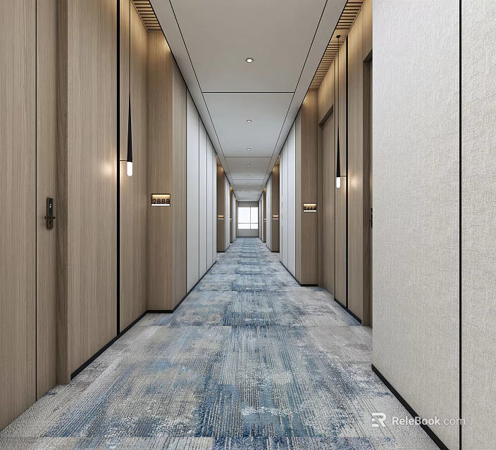 Modern Hotel Corridor With Wooden Doors Light Colored Walls Blue Gray Carpet And Recessed Lighting 3d model 