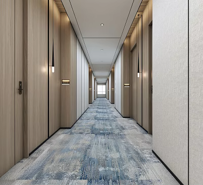 Modern Hotel Corridor With Wooden Doors Light Colored Walls Blue Gray Carpet And Recessed Lighting 3d model
