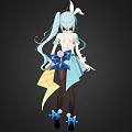 Anime Woman With Blue Green Long Hair White Blue Outfit Rabbit Ears And Black Stockings