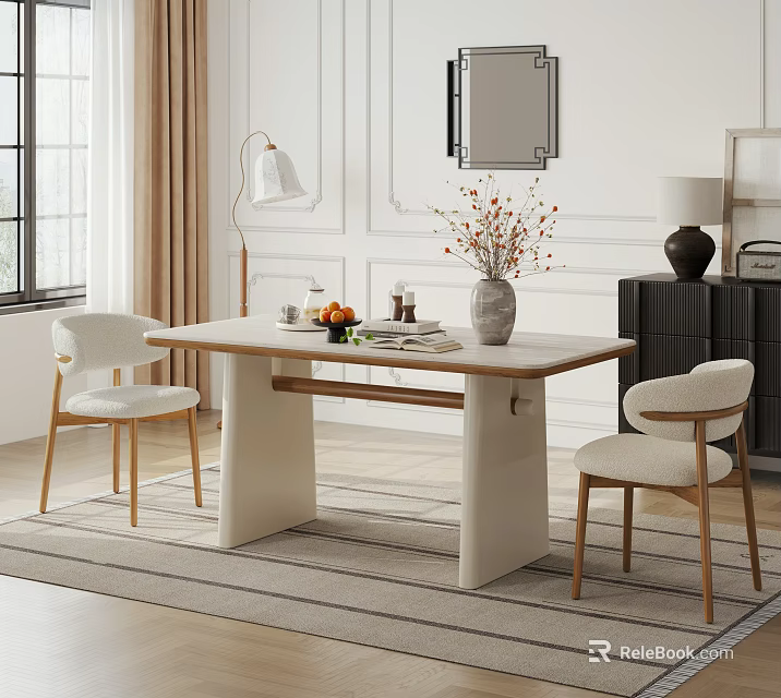 Modern Beige Dining Table Set With Wooden Leg Chairs Flower Vase Table Lamp And Rug 3d model 