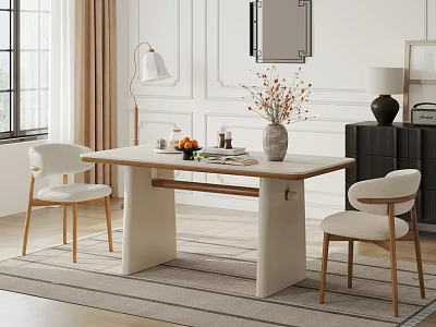 Modern Beige Dining Table Set With Wooden Leg Chairs Flower Vase Table Lamp And Rug 3d model