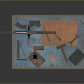 Vintage Machine Gun On Blue Weathered Table With Wooden Boxes Red Canister And Stacked Crates