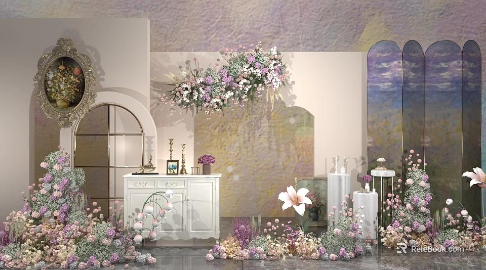 Elegant Event Space With Floral Decor Hanging Arrangements White Furniture And Arch Mirror 3d model 