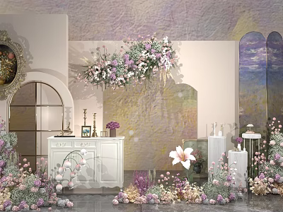 Elegant Event Space With Floral Decor Hanging Arrangements White Furniture And Arch Mirror 3d model