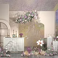 Elegant Event Space With Floral Decor Hanging Arrangements White Furniture And Arch Mirror