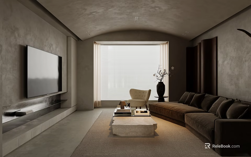 Minimalist Living Room Design With Brown Sofa Stone Coffee Table Flat TV And Window Blinds 3d model 