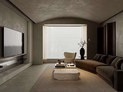 Minimalist Living Room Design With Brown Sofa Stone Coffee Table Flat TV And Window Blinds 3d model