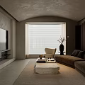 Minimalist Living Room Design With Brown Sofa Stone Coffee Table Flat TV And Window Blinds