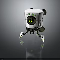 Small White Robot With Green Lens And Metallic Legs On Reflective Surface