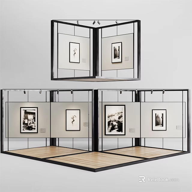 Exhibition Panels Displaying Framed Black and White Artworks in Modern Gallery 3d model 