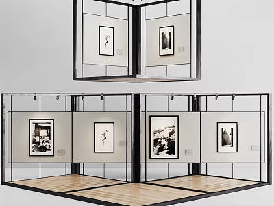 Exhibition Panels Displaying Framed Black and White Artworks in Modern Gallery 3d model