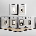Exhibition Panels Displaying Framed Black and White Artworks in Modern Gallery