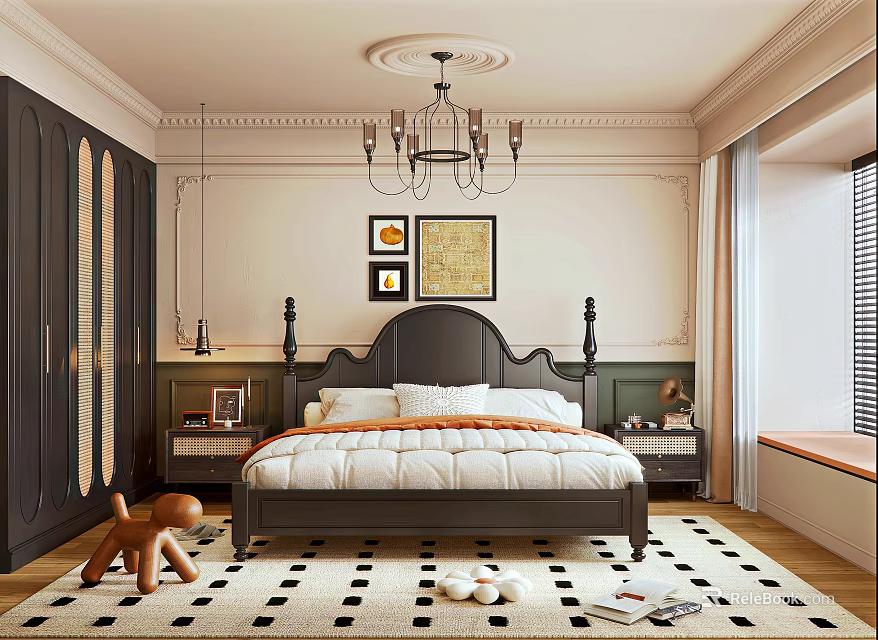 Elegant Modern Bedroom Interior With King Bed Chandelier And Area Rug 3d model 