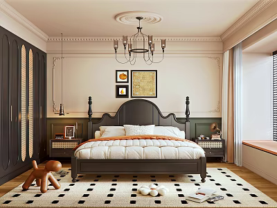 Elegant Modern Bedroom Interior With King Bed Chandelier And Area Rug 3d model