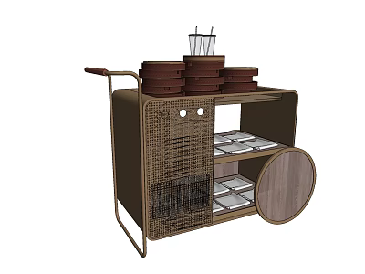 Brown Wheeled Buffet Cart With Woven Design And Plates Cups On Shelves 3d model