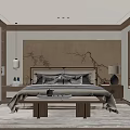 Elegant Bedroom Interior With Bamboo Pattern Headboard Wall And Pendant Lamp 3d model