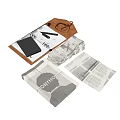 Stacked Newspapers And Notebook With Pen Glasses On Leather Mat 3d model