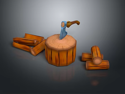Wooden Stump With Blue Axe And Chopping Blocks On Gray Background 3d model
