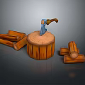 Wooden Stump With Blue Axe And Chopping Blocks On Gray Background