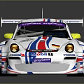 White Porsche 911 Racing Car With Red Blue Stripes Rear Wing And Coastal Sponsor Logos