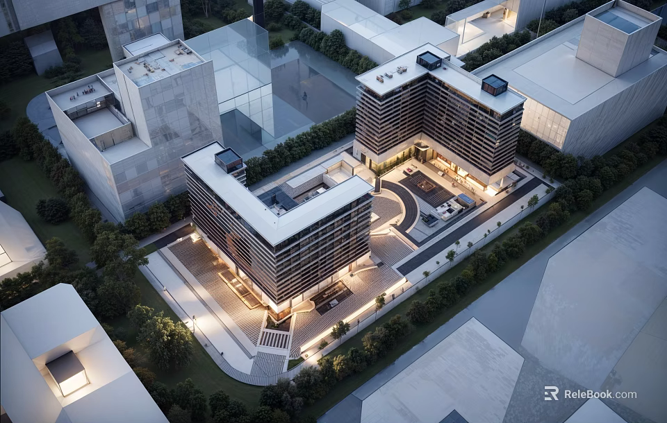 Aerial View Of Modern Office Building Complex With Greenery And Illuminated Courtyard 3d model 