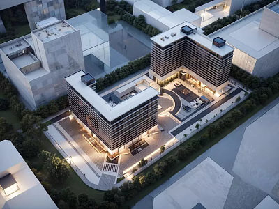 Aerial View Of Modern Office Building Complex With Greenery And Illuminated Courtyard 3d model