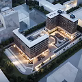 Aerial View Of Modern Office Building Complex With Greenery And Illuminated Courtyard