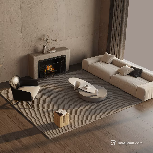 Modern Living Room Sofa And Coffee Table Set With Fireplace Accent Chair Pillows And Area Rug 3d model 