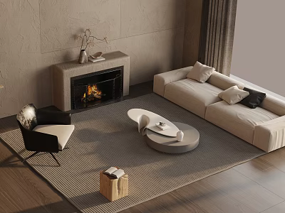 Modern Living Room Sofa And Coffee Table Set With Fireplace Accent Chair Pillows And Area Rug 3d model