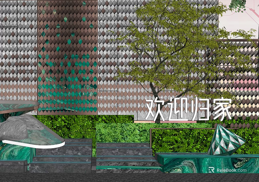 Elegant Landscape Wall Design With Geometric Pattern Green Plants And Welcome Elements 3d model 