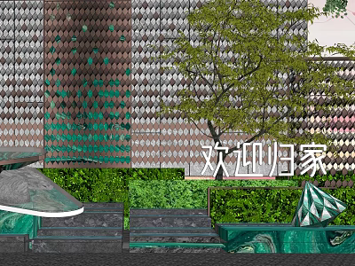 Elegant Landscape Wall Design With Geometric Pattern Green Plants And Welcome Elements 3d model
