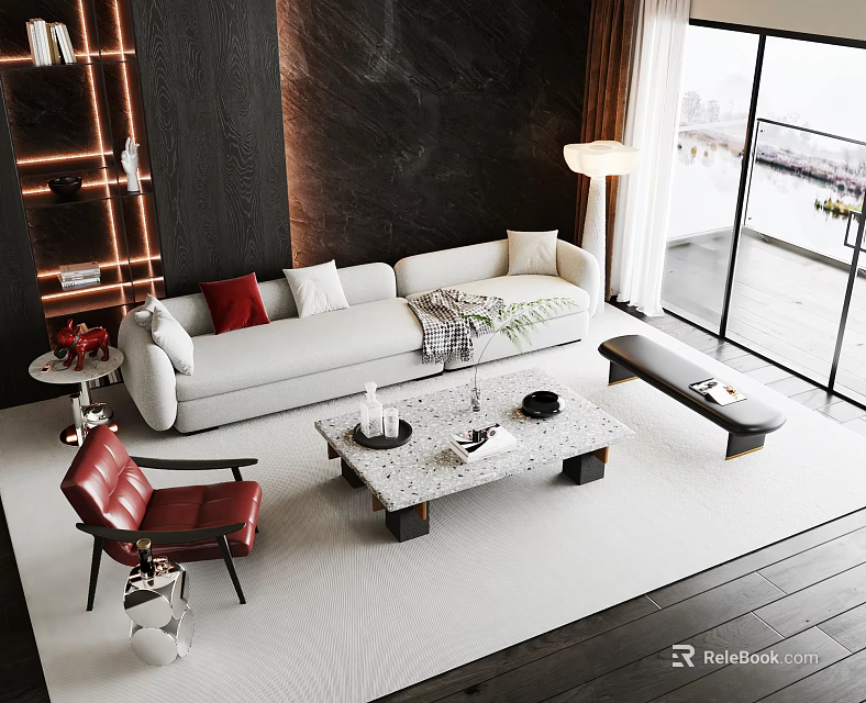 Modern Living Room White Sofa with Red Pillows and Marble Coffee Table Set 3d model