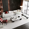 Modern Living Room White Sofa with Red Pillows and Marble Coffee Table Set 3d model