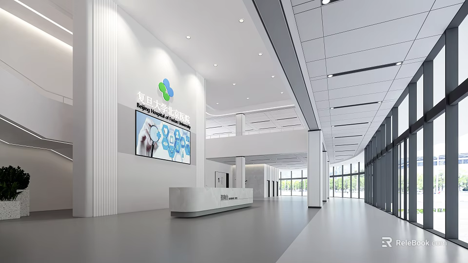 Bright Spacious Hospital Outpatient Clinic Lobby With Reception Desk Display Screen And Glass Curtain Walls 3d model 