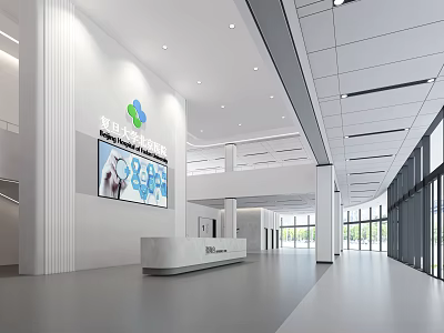 Bright Spacious Hospital Outpatient Clinic Lobby With Reception Desk Display Screen And Glass Curtain Walls 3d model