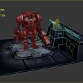 Small Character Standing On High Platform With Red Giant Mech In Sci Fi Setting 3d model