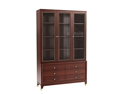 Dark Brown Wooden Bookcase Featuring Glass Doors And Drawer Storage Design 3d model