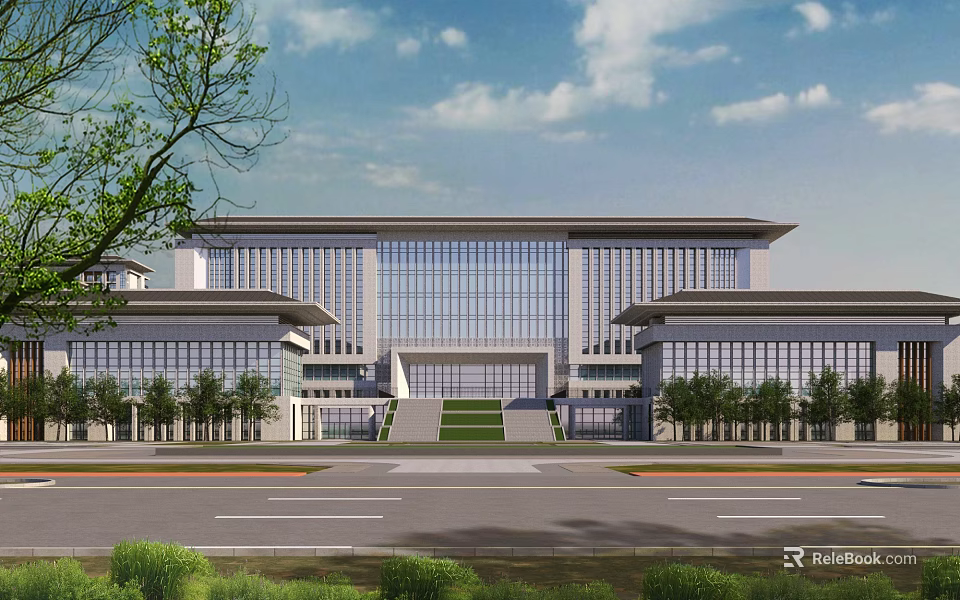 Modern School Building With Glass Curtain Walls Symmetrical Design Front Road Greenery And Cloudy Sky 3d model 