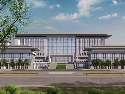 Modern School Building With Glass Curtain Walls Symmetrical Design Front Road Greenery And Cloudy Sky 3d model