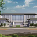 Modern School Building With Glass Curtain Walls Symmetrical Design Front Road Greenery And Cloudy Sky