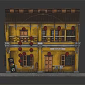 Traditional Chinese Two Story Yellow Building Model With Red Lanterns Tables And Chairs
