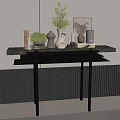 Gray Vertical Striped Wall Entryway with Console Table Marble Top and Decorative Green Plants