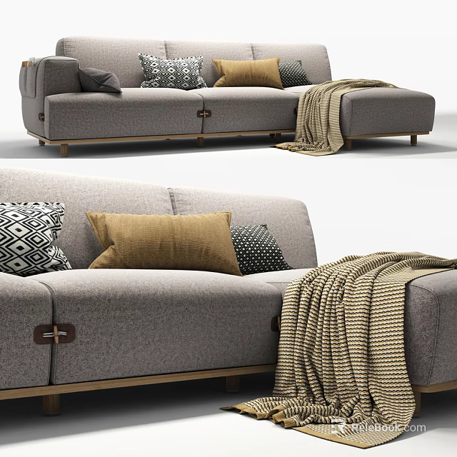 Gray L shaped Sectional Sofa with Colorful Pillows and Striped Throw Blanket on Wooden Legs 3d model 
