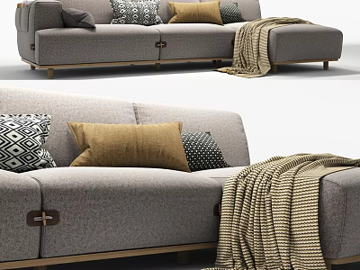 Gray L shaped Sectional Sofa with Colorful Pillows and Striped Throw Blanket on Wooden Legs 3d model