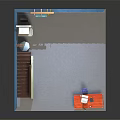 Cartoon Interior Scene With Wooden Staircase Blue Walls Gray Floor Red Table And Small Figures