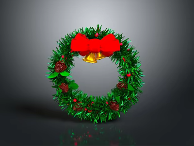Christmas Wreath Decoration With Green Pine Red Bow Golden Bells And Berries 3d model