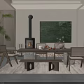 Modern Cozy Open Dining Living Room Interior With Natural Wood Furniture And Warm Freestanding Fireplace