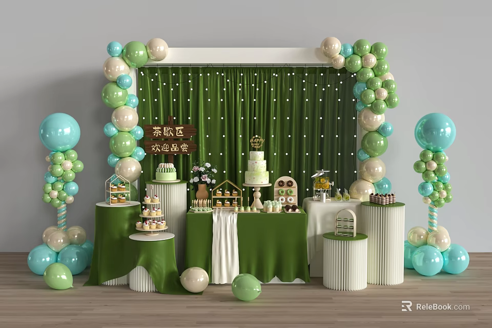 Delicious Cream Cake and Desserts Display on Green Decorated Table With Balloons and White Accents 3d model 