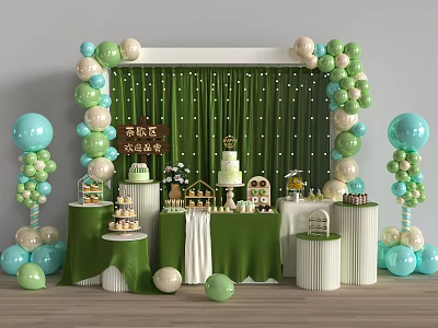 Delicious Cream Cake and Desserts Display on Green Decorated Table With Balloons and White Accents 3d model